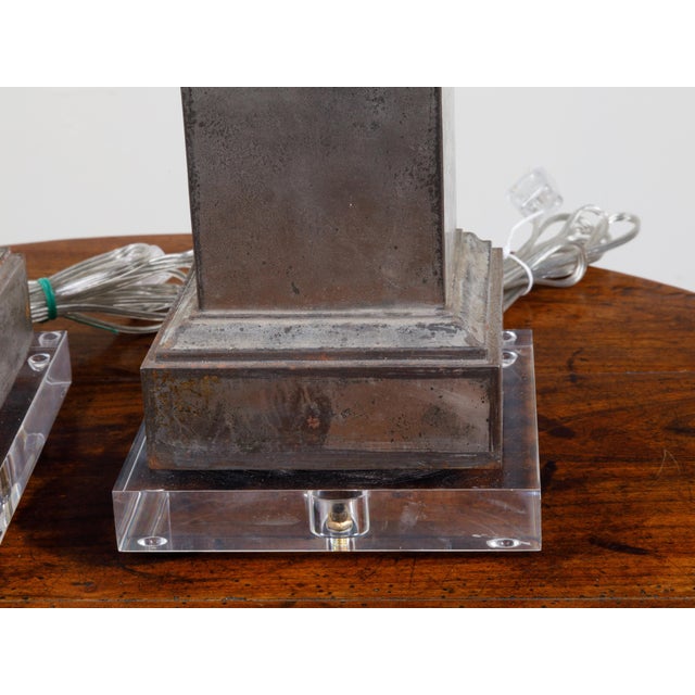 19th Century English Tôle Amphorae Shaped Table Lamps on Lucite Bases - a Pair For Sale - Image 10 of 12