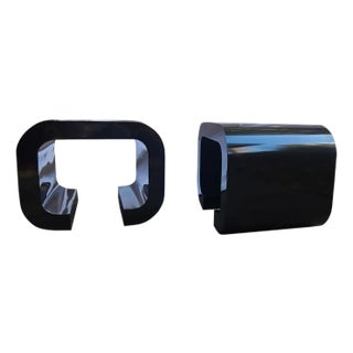 Gloss Black Laminate Wood Scroll End Tables in the Manner of Karl Springer - Pair For Sale