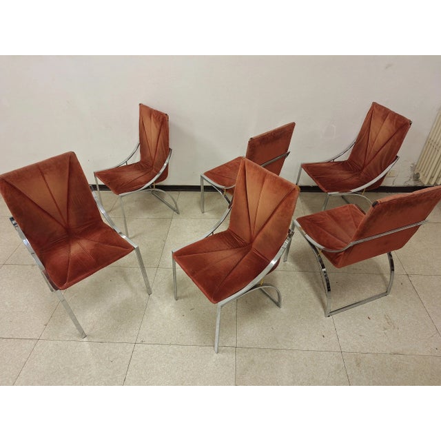 Chairs in Chrome with Seat and Back in Brick Fabric, 1970s, Set of 6 For Sale - Image 4 of 7