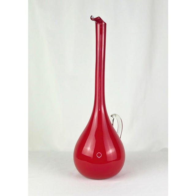 Glass 19" Mid 20th Century Italian Cased Ruby Red & Opalina Glass Ewer — Murano / Empoli Style For Sale - Image 7 of 12