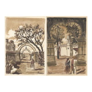 Pair of Mexican Street Scene Watercolors For Sale