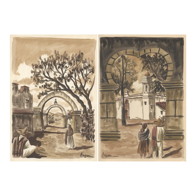Pair of Mexican Street Scene Watercolors For Sale