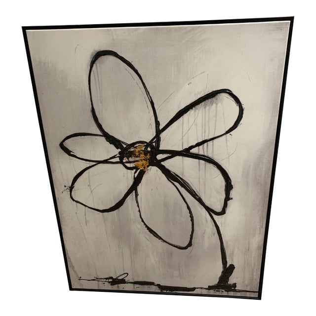 Large Black & White Primitive Flower Framed Wall Art For Sale