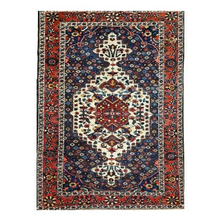 Vintage Persian Bakhtiari Bibibaft Rug, Hand-Knotted Wool, Geometric Medallion Design, Vegetable Dyes, Navy & Red, 5x7 For Sale