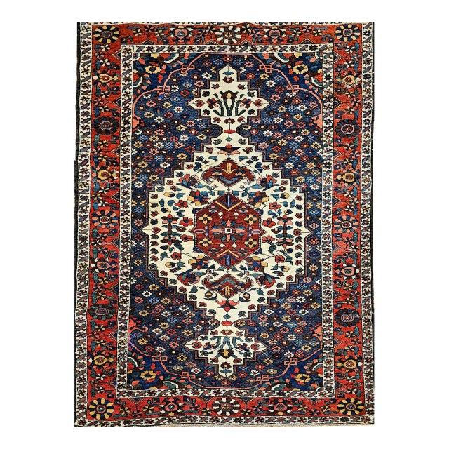 Vintage Persian Bakhtiari Bibibaft Rug, Hand-Knotted Wool, Geometric Medallion Design, Vegetable Dyes, Navy & Red, 5x7 For Sale