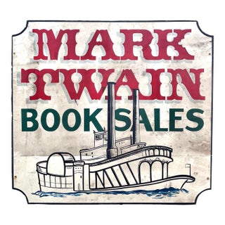Vintage Painted "Mark Twain Book Sales" Advertising Sign For Sale