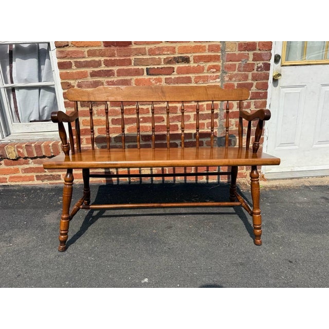 Vintage Early American Colonial Windsor Style Spindle Back Bench For Sale - Image 10 of 15
