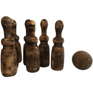 Late 19th Century Weathered Wooden European Complete Seven Pin or Ball Game Set For Sale