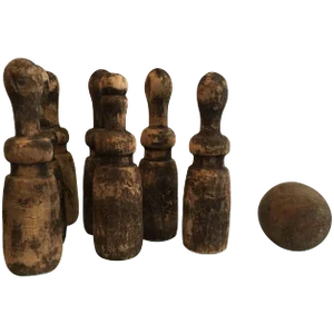 Late 19th Century Weathered Wooden European Complete Seven Pin or Ball Game Set