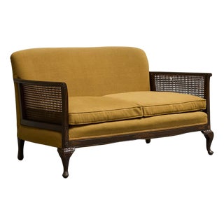 Antique Bergère Style Sofa in Wood, Cane and Ochre Yellow Upholstery, 1930s For Sale