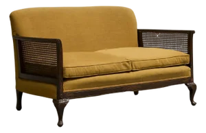 Antique Bergère Style Sofa in Wood, Cane and Ochre Yellow Upholstery, 1930s