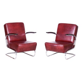 Czech Bauhaus Armchairs in Red Leather and Chrome by Arnošt Beck, 1930s, Set of 2 For Sale