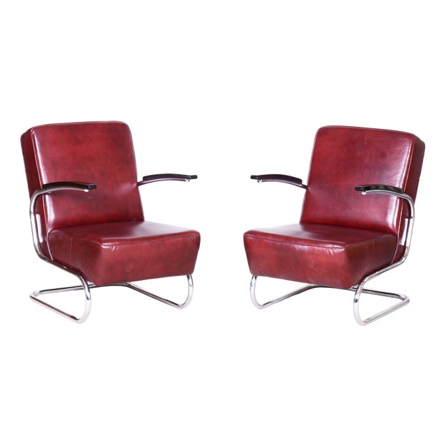 Czech Bauhaus Armchairs in Red Leather and Chrome by Arnošt Beck, 1930s, Set of 2 For Sale