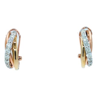 Round Shape Brilliant Cut White Diamonds Pave Set 14k Triple Tone White Yellow Gold, A Pair For Sale