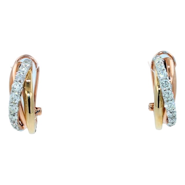 Round Shape Brilliant Cut White Diamonds Pave Set 14k Triple Tone White Yellow Gold, A Pair For Sale