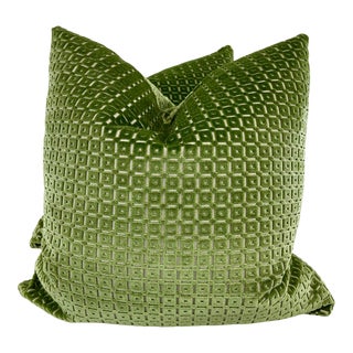 Brunschwig & Fils “Savanne Velvet” in Leaf 22” Pillows-A Pair For Sale