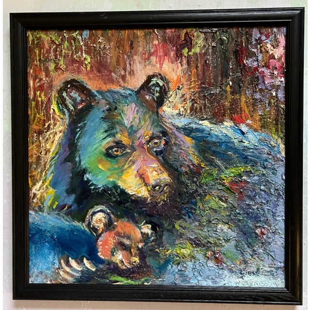 Impressionist "Mama Bear", Black Bear and Cub, Oil Painting, Animal Art, by Van Ness For Sale - Image 3 of 10