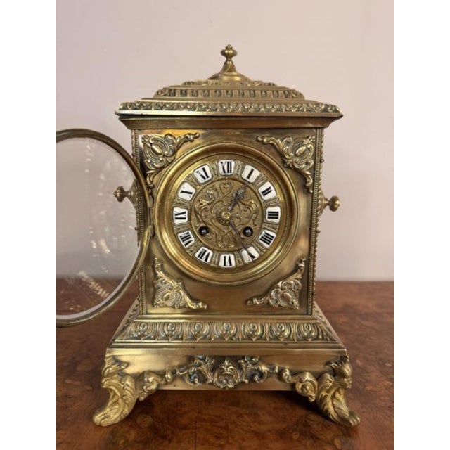 Large Antique Victorian Ornate Brass Mantle Clock, 1880 For Sale - Image 3 of 7