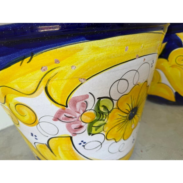 Vintage Italian Tuscan Hand-Painted Terracotta Glazed Planters – A Pair For Sale - Image 10 of 12