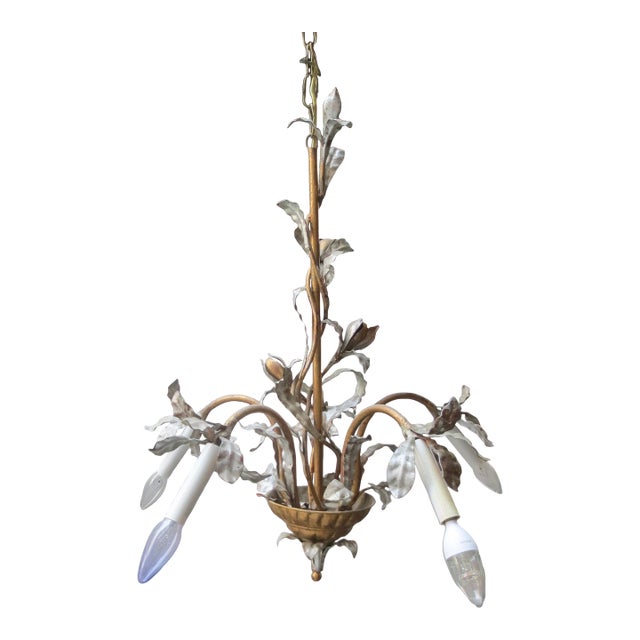 Vintage Tole Gilt and Silver Foilage 5 Light Chandelier For Sale