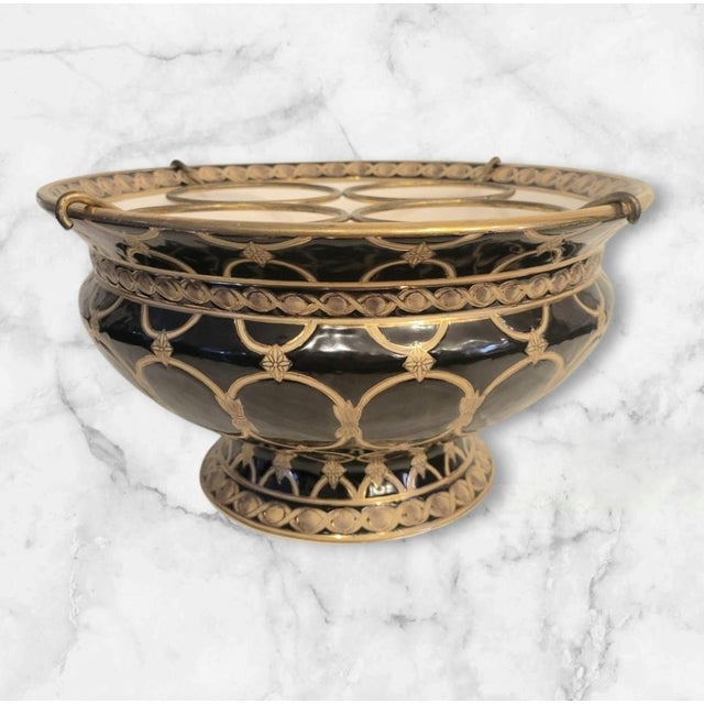 Hollywood Regency Vintage Black Gold Brass Inlay Royal Doulton Style Ceramic Bowl 4 Bottle Wine Holder For Sale - Image 3 of 10