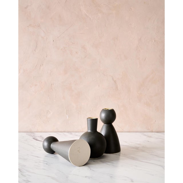Trio of "Almost Black" Matte Ceramic Taper Candle Holders "Bella," "Bobby," and "Beau" by Lostine For Sale - Image 12 of 12