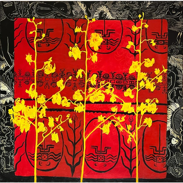 Contemporary Oil Painting, Red Black Flowers "Orchids" For Sale