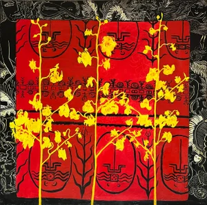 Contemporary Oil Painting, Red Black Flowers "Orchids"