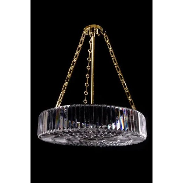 Single Tier Chandelier with Czech crystal vertical framing elements, sunburst crystal patterning on bottom.