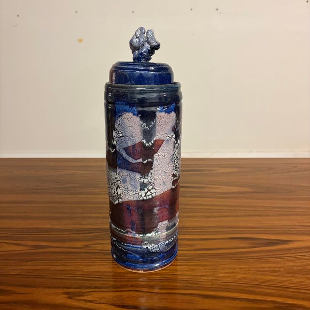 1970s Vintage Studio Pottery Jar With Lid, Indigo Oxblood and Crackle Glaze For Sale - Image 5 of 12