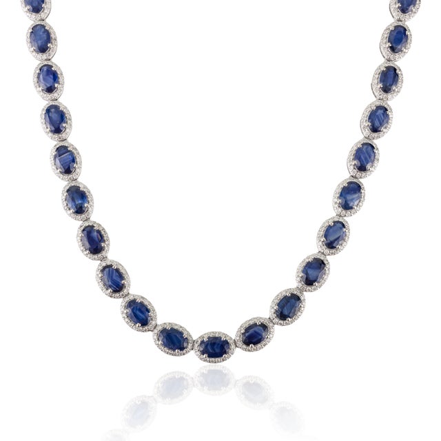 Contemporary 27.67 Carat Blue Sapphire & Diamond Luxury Art Deco Necklace by VRJewels in 14k Gold For Sale - Image 3 of 16