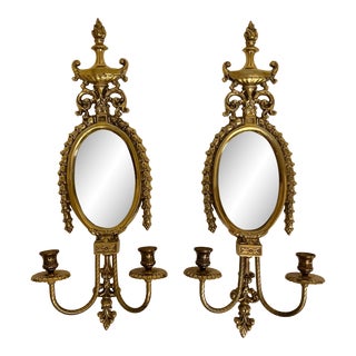 Vintage Brass Double Candleabra W/Mirror Wall Sconce Set by Glo-Mar Artworks For Sale
