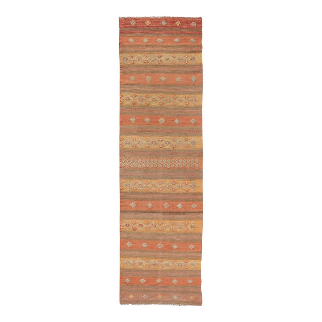Vintage Hand Woven Turkish Kilim Colorful Stripe Runner With Tribal Motifs For Sale