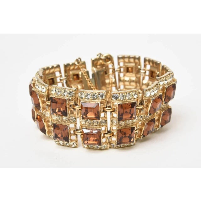 Vintage Signed Henry Bogaff Swarovski Rhinestone Bracelet in Brown and Amber Color For Sale - Image 4 of 6