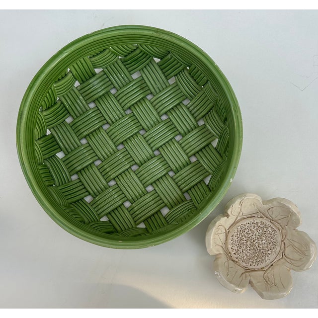 Vintage Round Italian Green Ceramic Basket Chairish