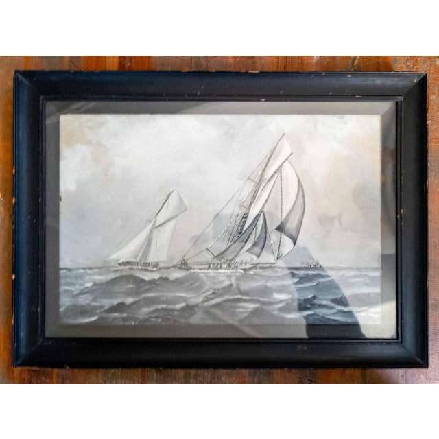 American 19th Century Oil Painting of America's Cup Yacht Race in Grisaille Palette For Sale - Image 3 of 17