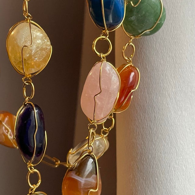 Outstanding vintage wire wrapped gemstone necklace featuring purple amethyst, yellow citrine, green aventurine, blue &...