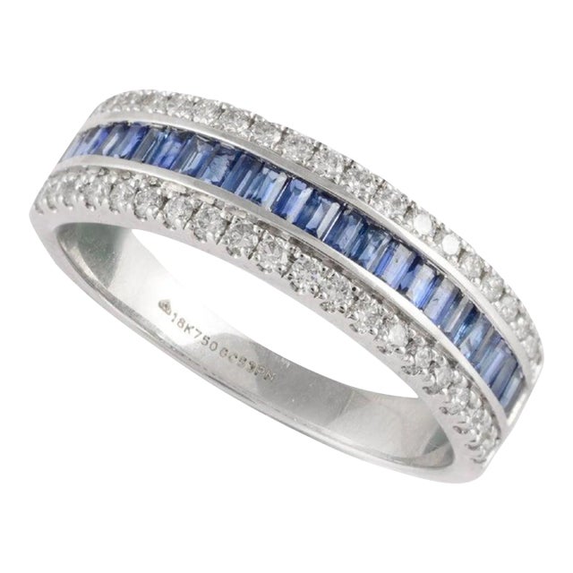 Natural Blue Sapphire Diamond Wedding Band Crafted in 18k Gold Size 7 For Sale