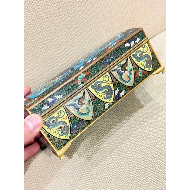Exceptional Meiji Japanese Cloisonne Enamel Phoenix Dragon Box Signed Inaba For Sale - Image 9 of 15