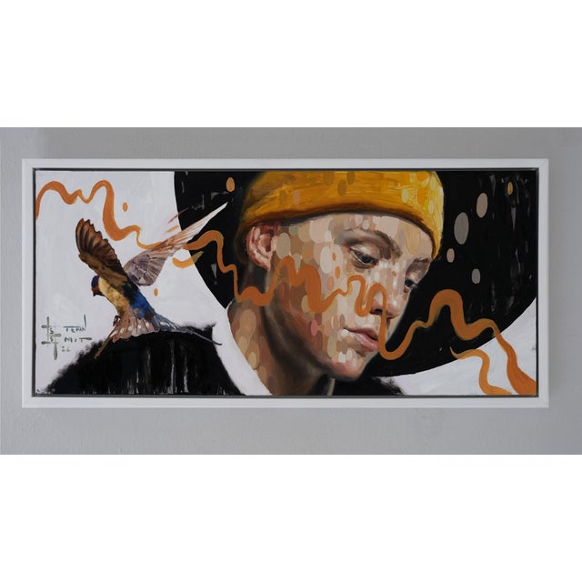 In "Common Thread 3," vibrant, textured brushstrokes create a striking portrait that captures a contemplative figure...