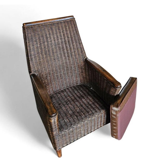 Rattan Armchair with Wooden Armrests and Leather Seat, 1960s For Sale - Image 5 of 16