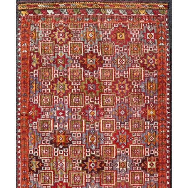 Textile Vintage Turkish Kilim Rug With Rich Red and Multicolor Motif Design 4'6" X 10'2" For Sale - Image 7 of 10