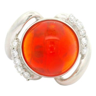 6.77 Carat Mexican Fire Opal Diamond Platinum Ribbon Ring, Size 7 For Sale