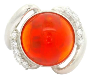 6.77 Carat Mexican Fire Opal Diamond Platinum Ribbon Ring, Size 7