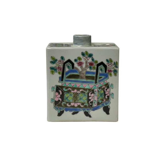Chinese Flower Ding Vase Graphic Rectangular Porcelain Tea Caddy Jar For Sale - Image 10 of 10