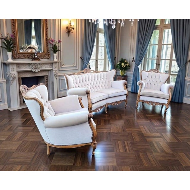 Louis XVI French Château Living Room Set in Upholstered Hand-Carved Walnut, Mid-19th Century, Set of 3 For Sale - Image 9 of 18