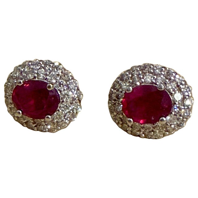 6 Ct Oval Treated Ruby &amp; 2 Ct Double Halo Diamond Stud Earrings 14K White Gold These stunning stud earrings feature a...