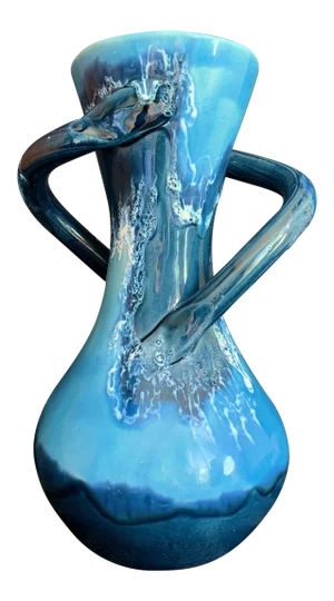 Vintage French Vallauris Turquoise and Cobalt Blue Glaze Ceramic Pottery Vase