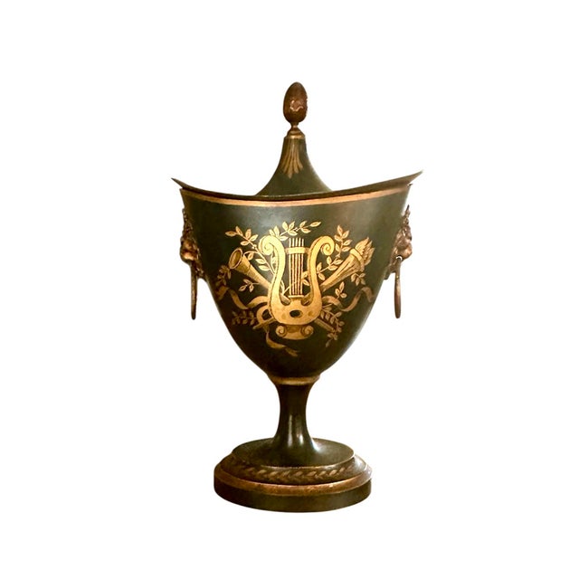 English Antique French Tole Neoclassical Style Chestnut Urn in Deep Bottle Green / Black With Gilt Detailing For Sale - Image 3 of 9