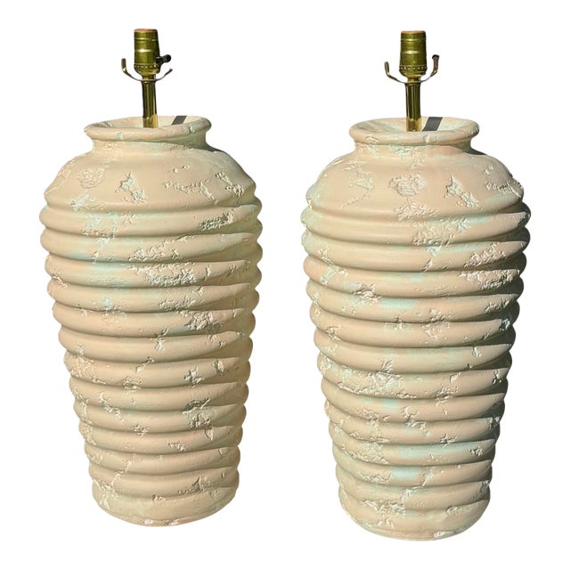 Vintage Sculptural Ribbed Plaster Table Lamps, a Pair For Sale